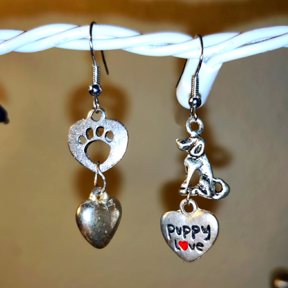 NEW Puppy Lover Dog Pet Dangle Drop Stud Rhinestone Paw Print Heart Charm Hound